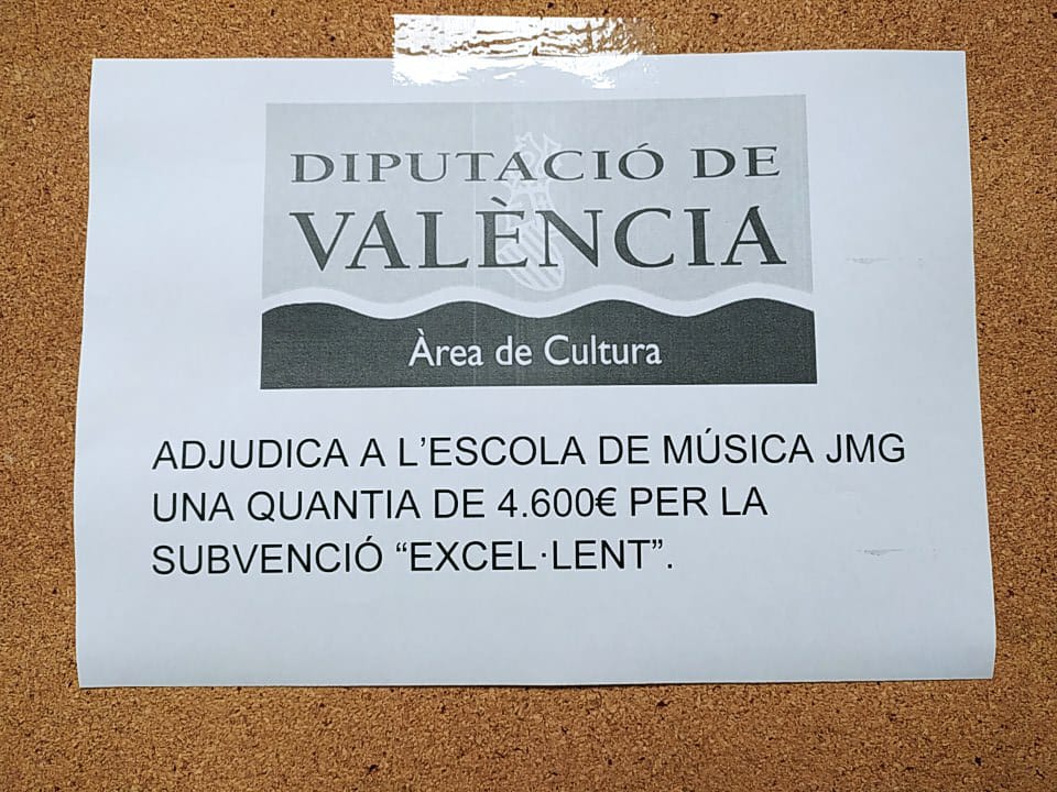 La diputació de valència concedeix la subvenció “Excel·lent” a l’Escola de Música JMG.